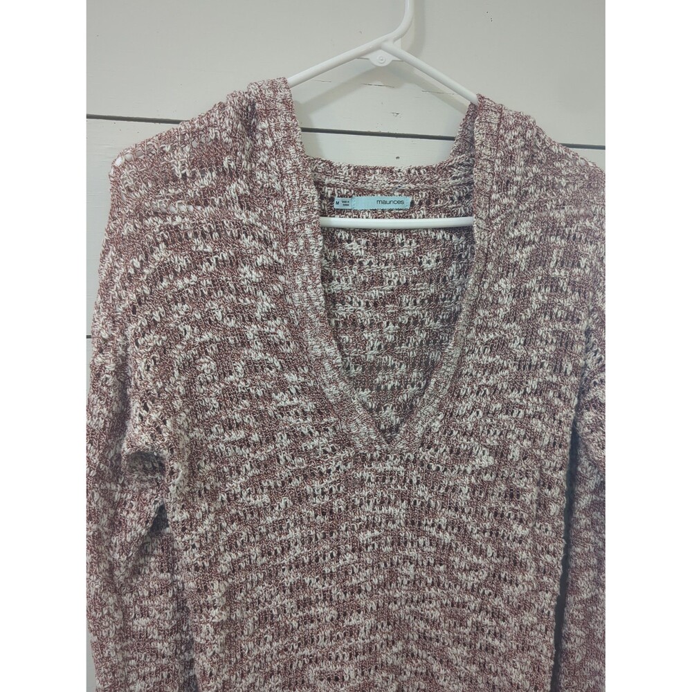Maurices M red white open knit hooded v-neck sweater fall winter boho